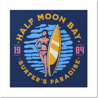 Vintage Half Moon Bay, California Surfer's Paradise // Retro Surfing 1980s Badge Posters and Art